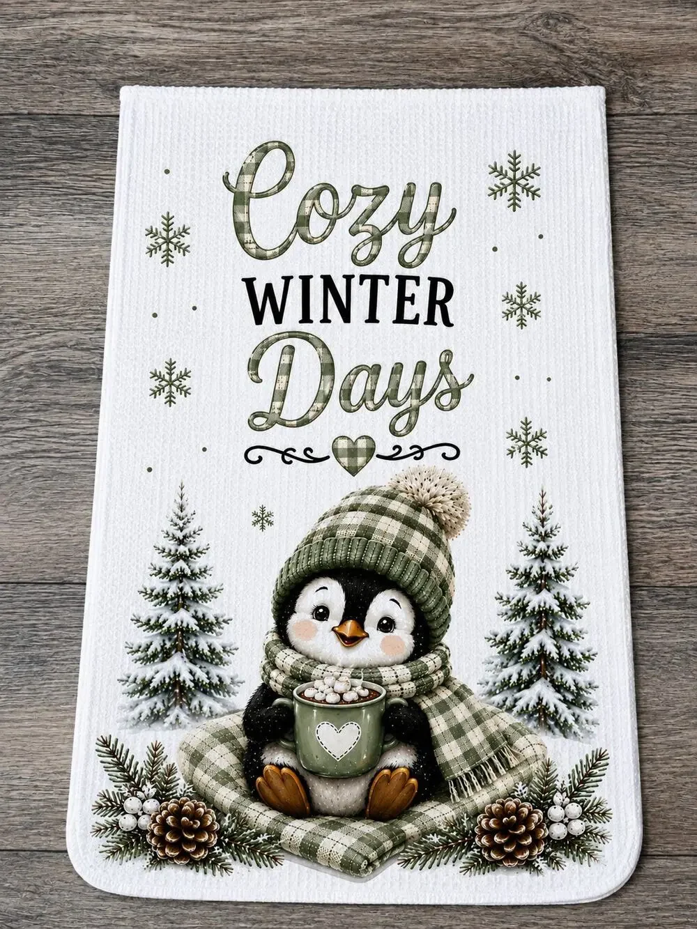 Cozy Winter Days Penguin Kitchen Towel Green Plaid Snowy Farmhouse Decor